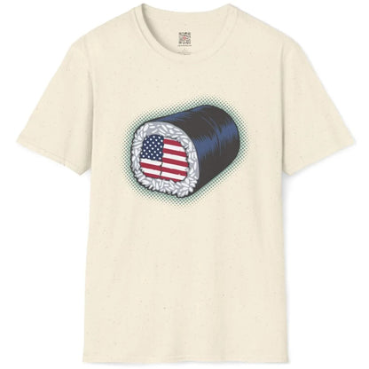 Natural t-shirt flatlay with sushi roll American flag design, sushi culture, cultural identity.