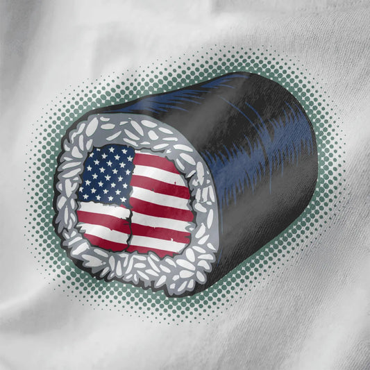 Close-up of sushi roll with American flag filling on white fabric, fusion cuisine, sushi t-shirt, patriotic.