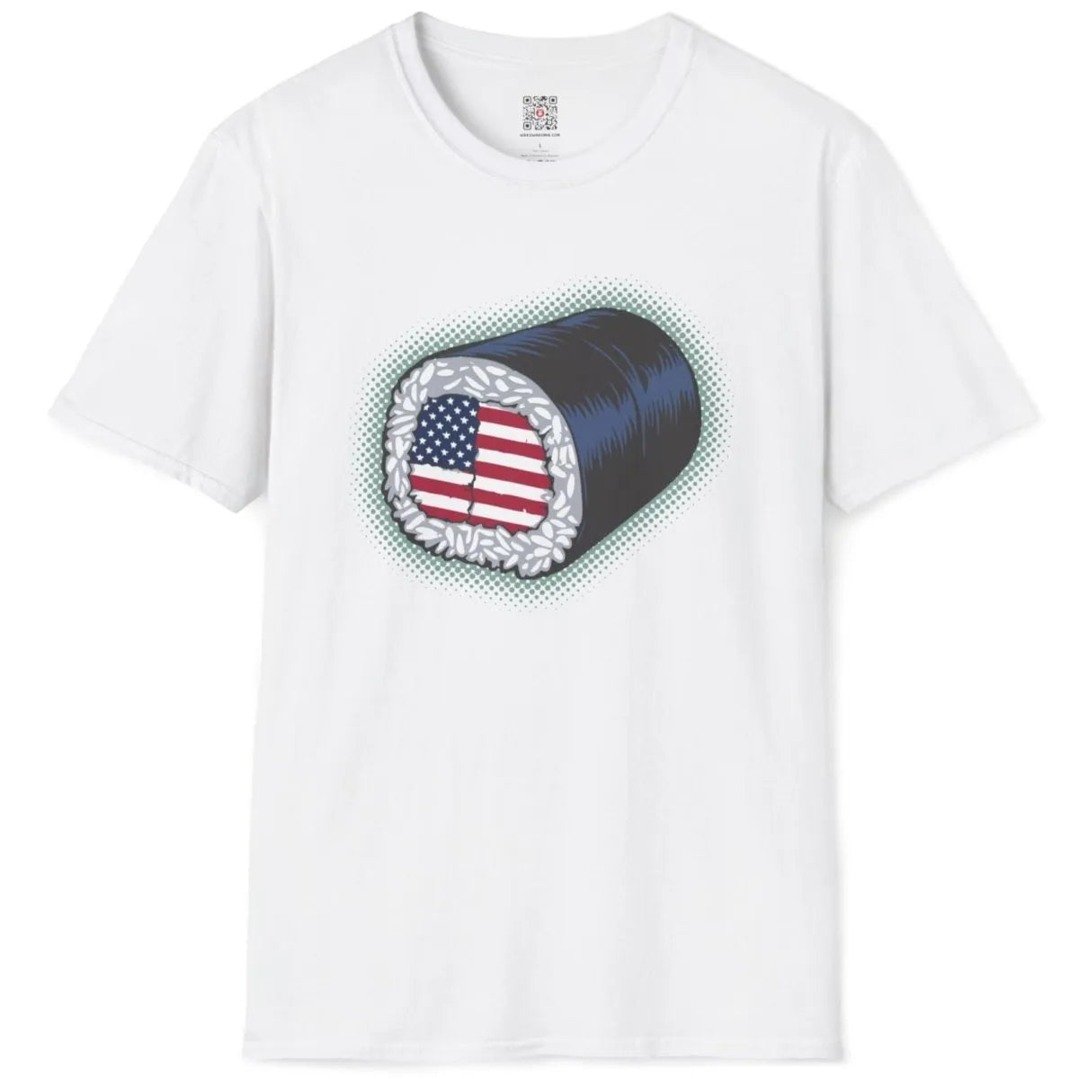 White t-shirt flatlay with sushi roll American flag design, sushi t-shirt, patriotic t shirt.