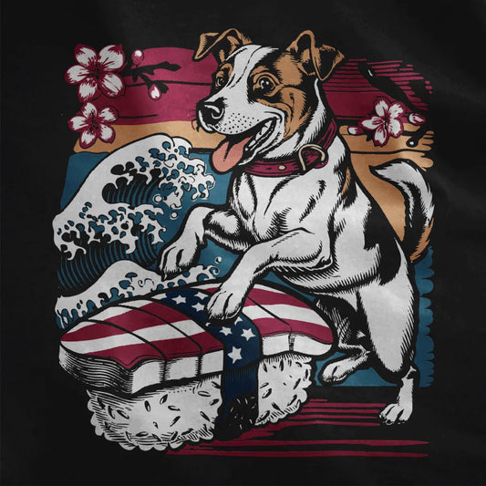 Close-up of Jack Russell with sushi and wave on black fabric, sushi shirt, japanese wave hokusai.