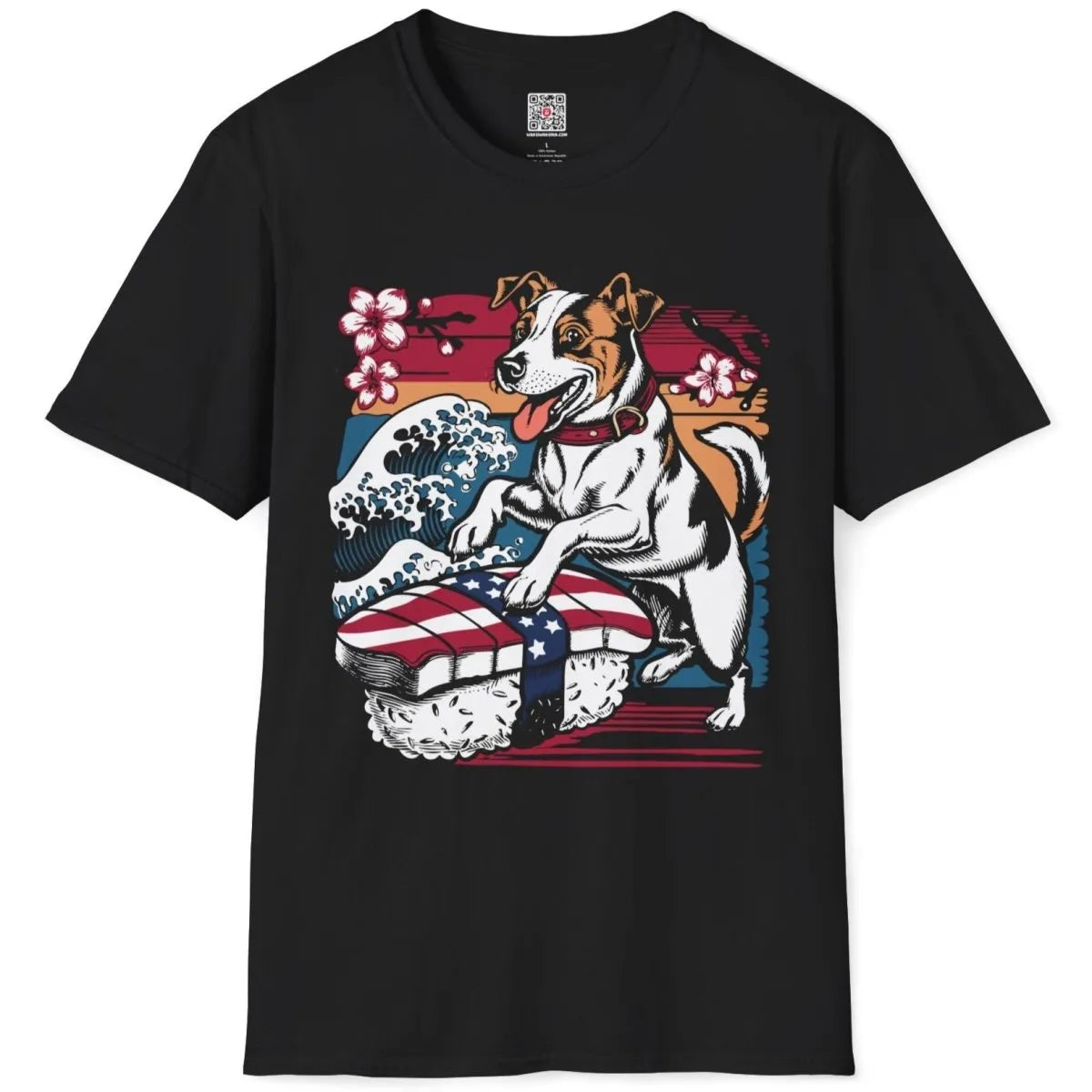 Black t-shirt flatlay with Jack Russell sushi wave design, japanese t-shirts, cherry blossom background.