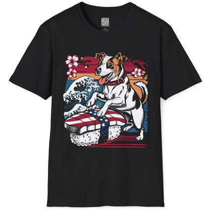 Black t-shirt flatlay with Jack Russell sushi wave design, japanese t-shirts, cherry blossom background.
