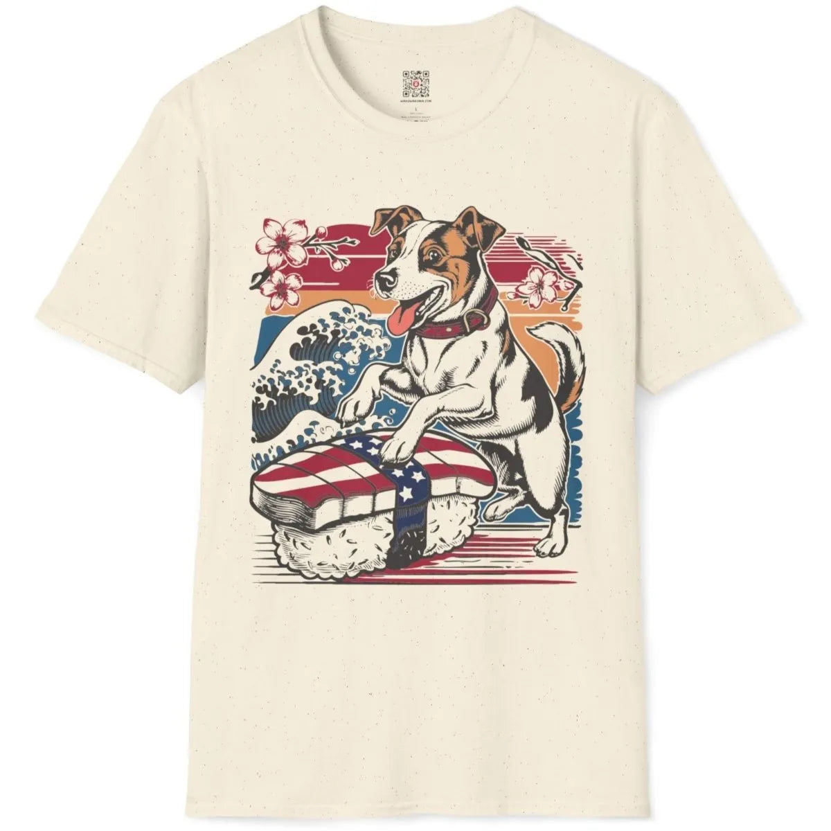 Natural t-shirt flatlay with Jack Russell sushi wave design, graphic t-shirts stores, sushi culture.