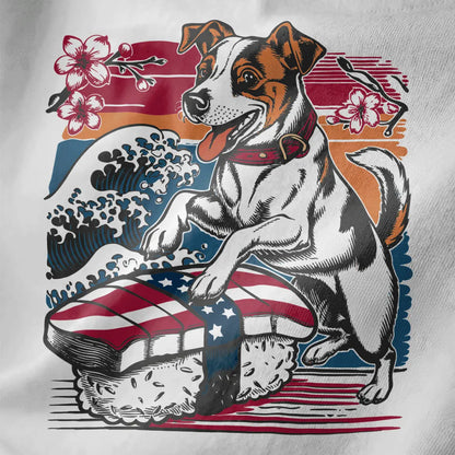 Close-up of Jack Russell with sushi and wave on white fabric, sushi t-shirt, cultural fusion.