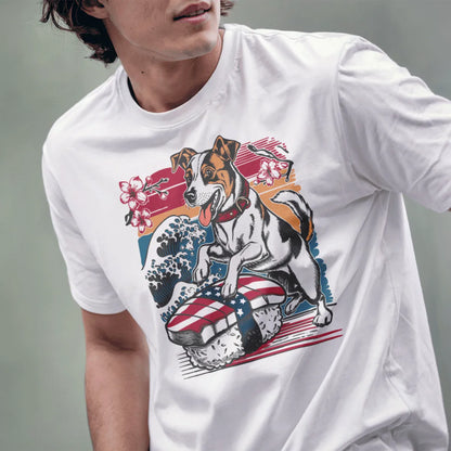 Male model in white t-shirt with Jack Russell sushi wave design, whimsical illu, sushi t-shirt.