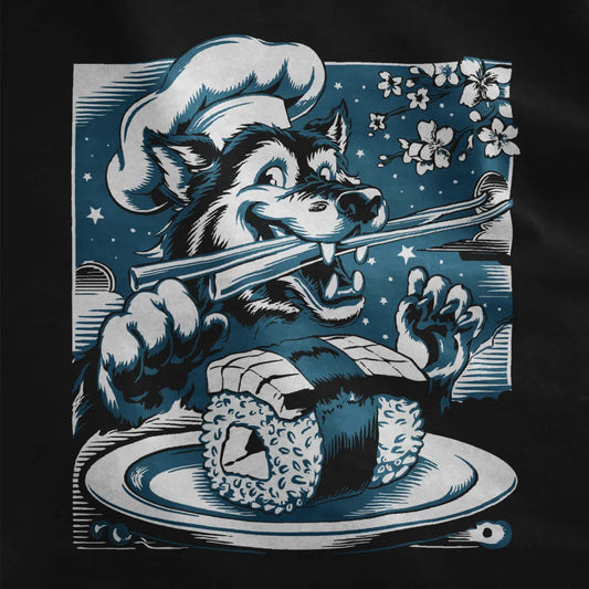 Wolf chef with chopsticks holding sushi under starry sky on black shirt, sushi t-shirt, traditional japanese art.