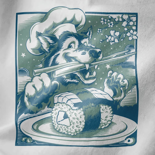 Wolf chef with chopsticks holding sushi under starry sky on white shirt, japanese t-shirts, sushi shirt.