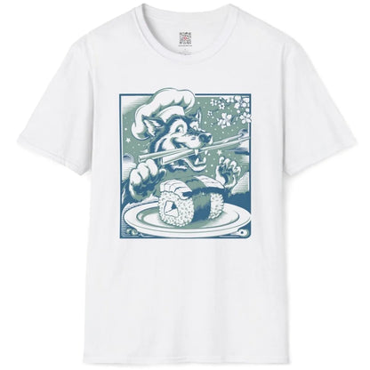 Wolf chef sushi design on white flatlay shirt, sushi t-shirt, cherry blossoms.
