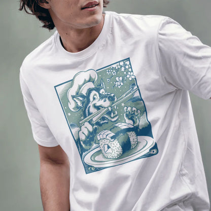 Male model in white wolf chef sushi t-shirt, whimsical animal, sushi shirt.