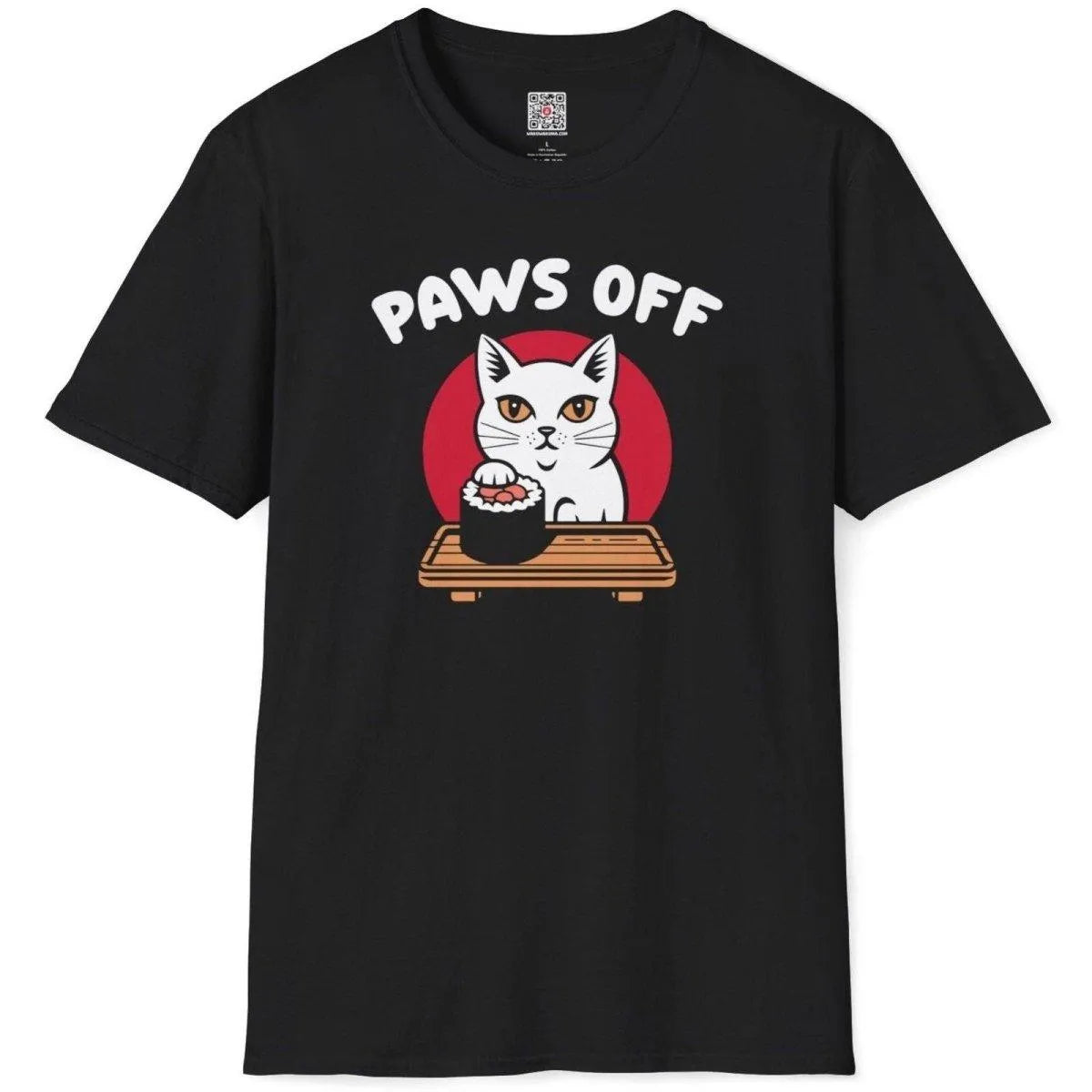 Flatlay of black t-shirt, cat with paw on sushi roll, bold text fonts, sushi culture, cheeky attitude.