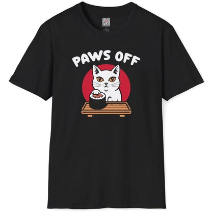 Flatlay of black t-shirt, cat with paw on sushi roll, bold text fonts, sushi culture, cheeky attitude.
