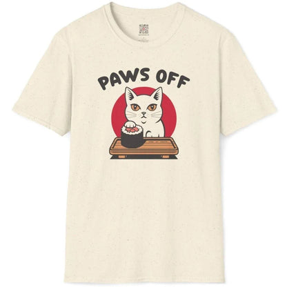 Flatlay of natural shirt, white cat with maki roll, bold playful typography, funny cat shirt.