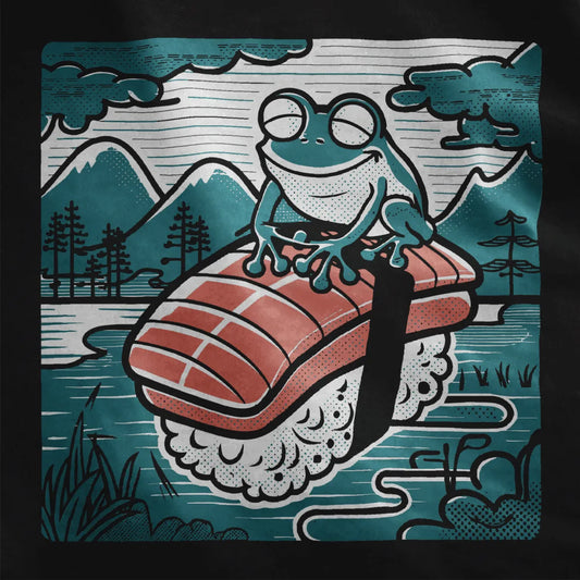 Frog sitting on sushi with mountain landscape on black shirt, sushi t-shirt, vibrant style.