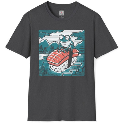 Frog on sushi with retro landscape on dark heather flatlay shirt, japanese t-shirts, cozy food.