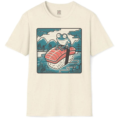 Frog on sushi with retro landscape on natural flatlay shirt, frog shirt, rustic charm.
