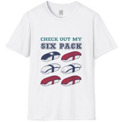 Six-pack sushi grid design on white flatlay shirt, japanese t-shirts, bold typography.