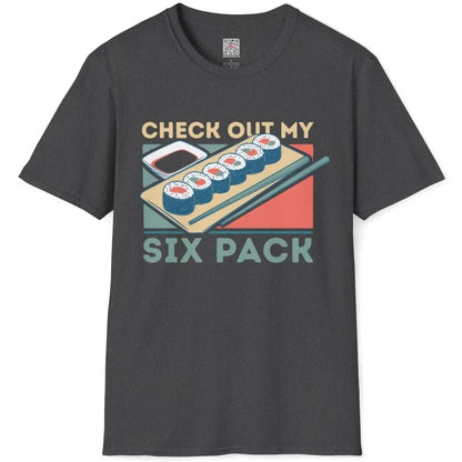 Dark heather t-shirt flatlay with sushi rolls, soy sauce, chopsticks, and blue text; sushi shirt, cultural fusion.