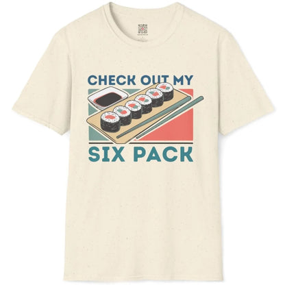 Natural t-shirt flatlay with sushi rolls, soy sauce, chopsticks, and blue text; sushi shirt, balanced composition.
