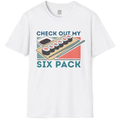 White t-shirt flatlay featuring six sushi rolls, pastel geometric background, blue text; sushi shirt, foodie design.
