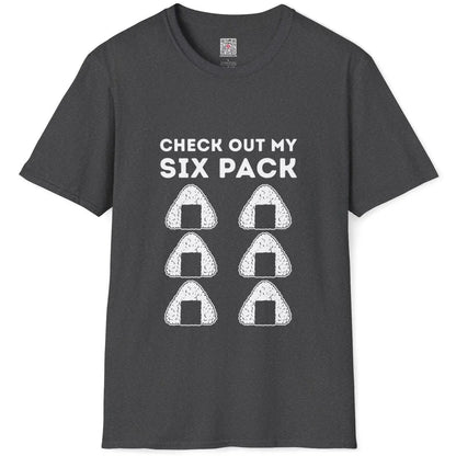 Dark heather t-shirt flatlay with six onigiri rice balls and bold text; muscle shirt, minimalist font.