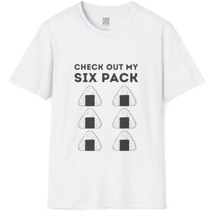 White t-shirt flatlay featuring six onigiri rice balls, bold block text; japanese t-shirts, quirky shirt.