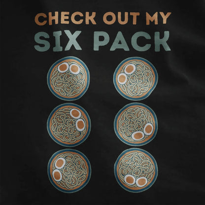 Close-up of six ramen bowls and bold teal "SIX PACK" text on black t-shirt; ramen t-shirt, junk food shirt.