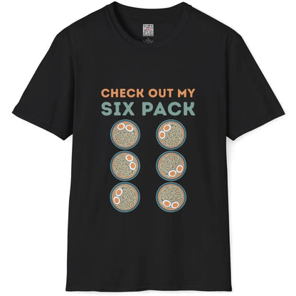 Black t-shirt flatlay with six ramen bowls, bold teal text, orange accents; ramen t-shirt, retro diner.