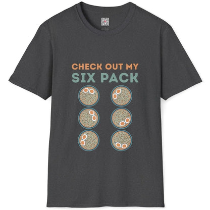 Dark heather t-shirt flatlay with six ramen bowls, bold teal text; ramen t-shirt, positive messaging.