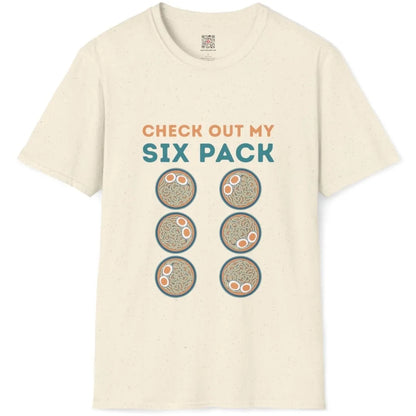 Natural t-shirt flatlay with six ramen bowls, bold teal text; ramen t-shirt, contrast art.