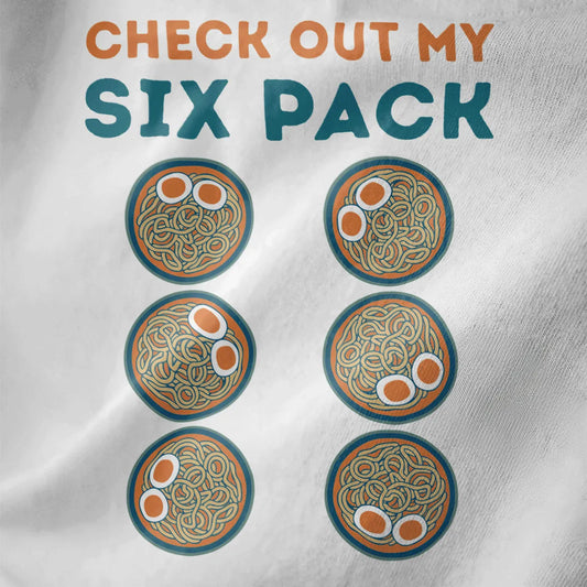 Close-up of six ramen bowls and bold teal "SIX PACK" text on white t-shirt; ramen t-shirt, foodie style.
