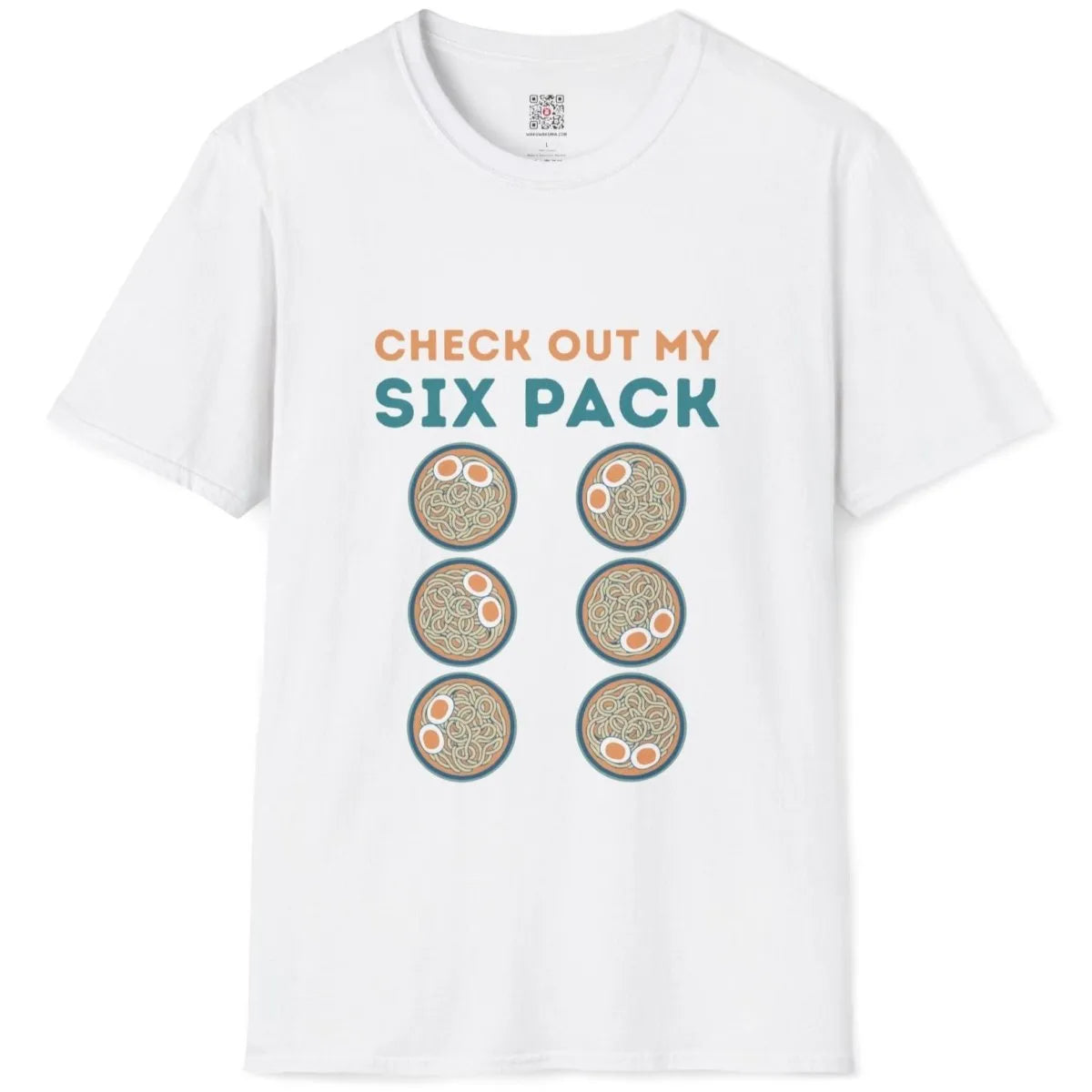 White t-shirt flatlay featuring six ramen bowls, bold teal text, orange accents; ramen t-shirt, graphic t shirts for ladies.