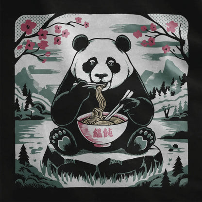 Panda enjoying noodles with cherry blossoms on black fabric, tranquil landscape and kawaii clothes style.