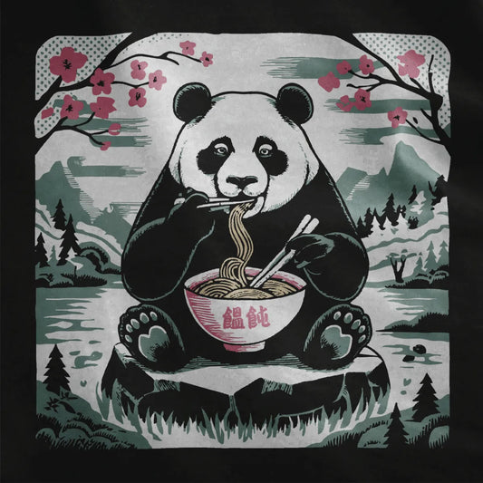 Panda enjoying noodles with cherry blossoms on black fabric, tranquil landscape and kawaii clothes style.