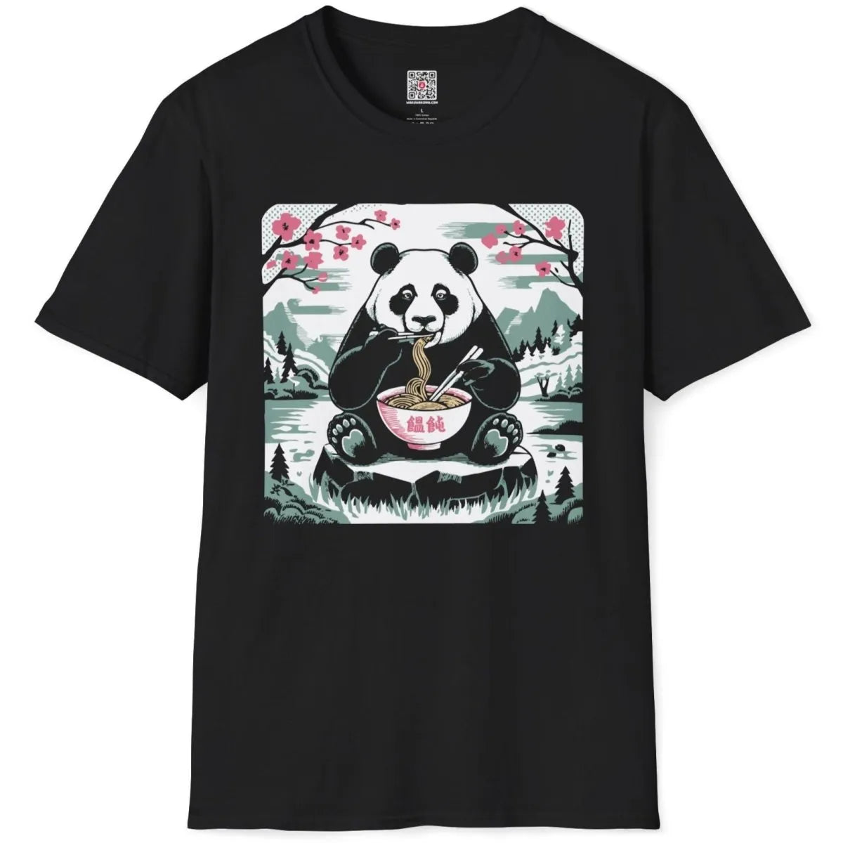 Black t-shirt flatlay with panda savoring noodles, serene landscape and pastel colors.