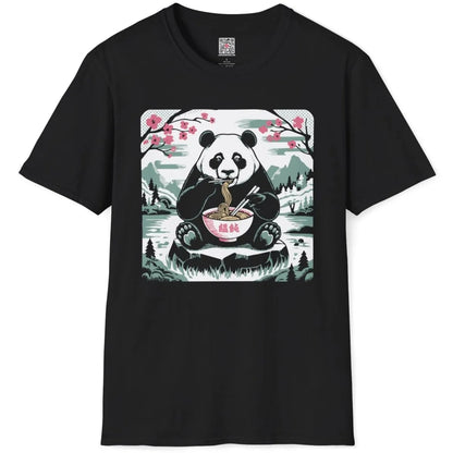 Black t-shirt flatlay with panda savoring noodles, serene landscape and pastel colors.