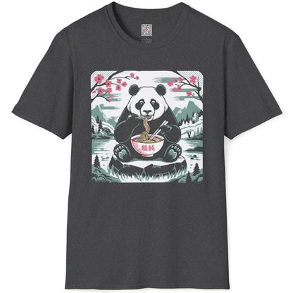 Dark heather t-shirt flatlay with panda eating noodles, soft aesthetics and cherry blossom background.