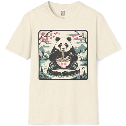 Natural t-shirt flatlay with panda, bowl of noodles, and blooming cherry blossoms, pastel aesthetics.