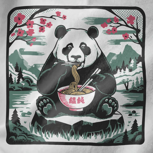 Panda eating noodles with cherry blossoms on white fabric, featuring pastel aesthetics and serene landscape.