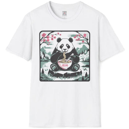 White t-shirt flatlay with panda and cherry blossoms, nature blend and tranquil landscape.