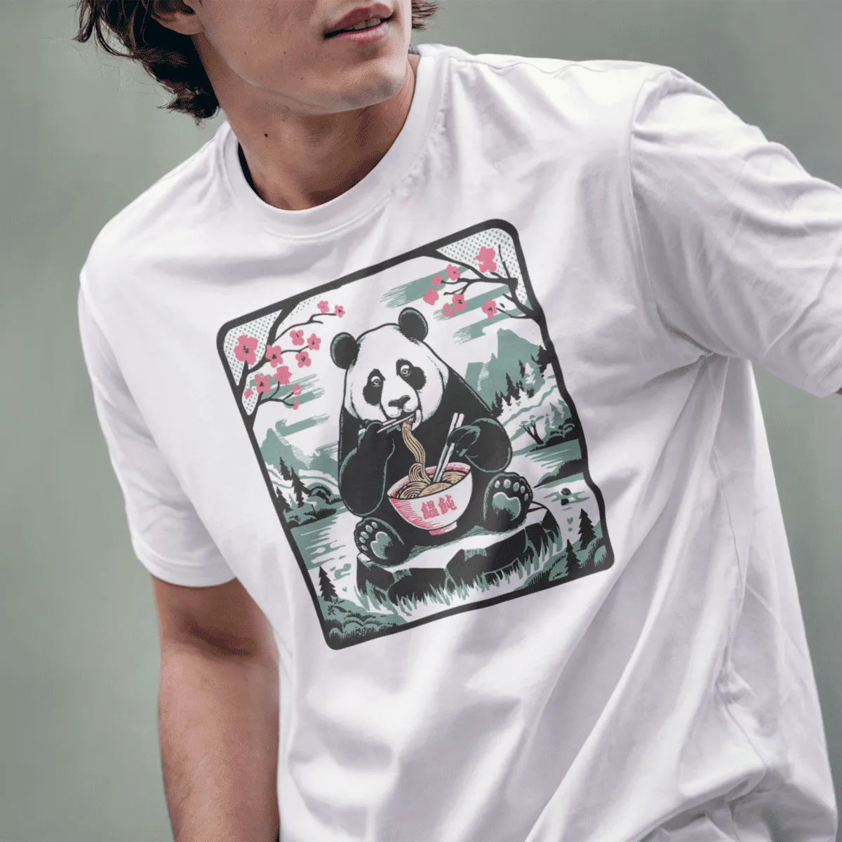 Male model in white t-shirt with panda eating noodles, cherry blossom background, soft aesthetics.