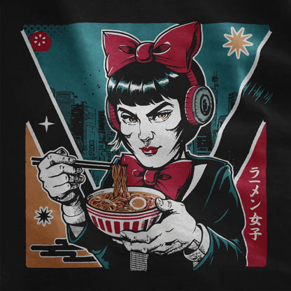 Woman with red bow enjoying ramen on black fabric, cityscape art and bold typography.