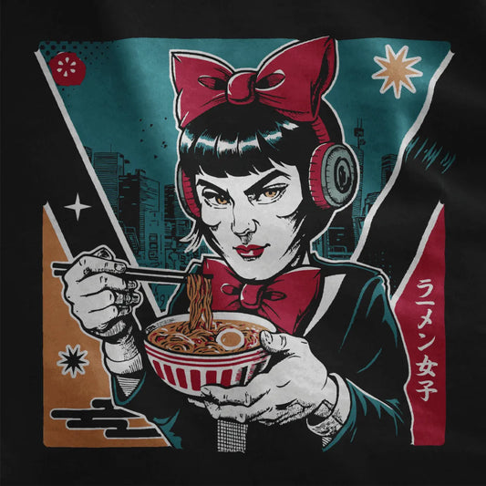 Woman with red bow enjoying ramen on black fabric, cityscape art and bold typography.
