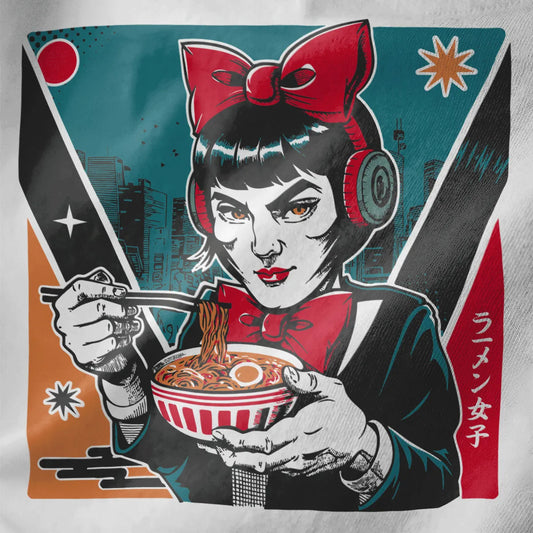 Stylish woman eating ramen with red bow on white fabric, urban ramen and contemporary styling.