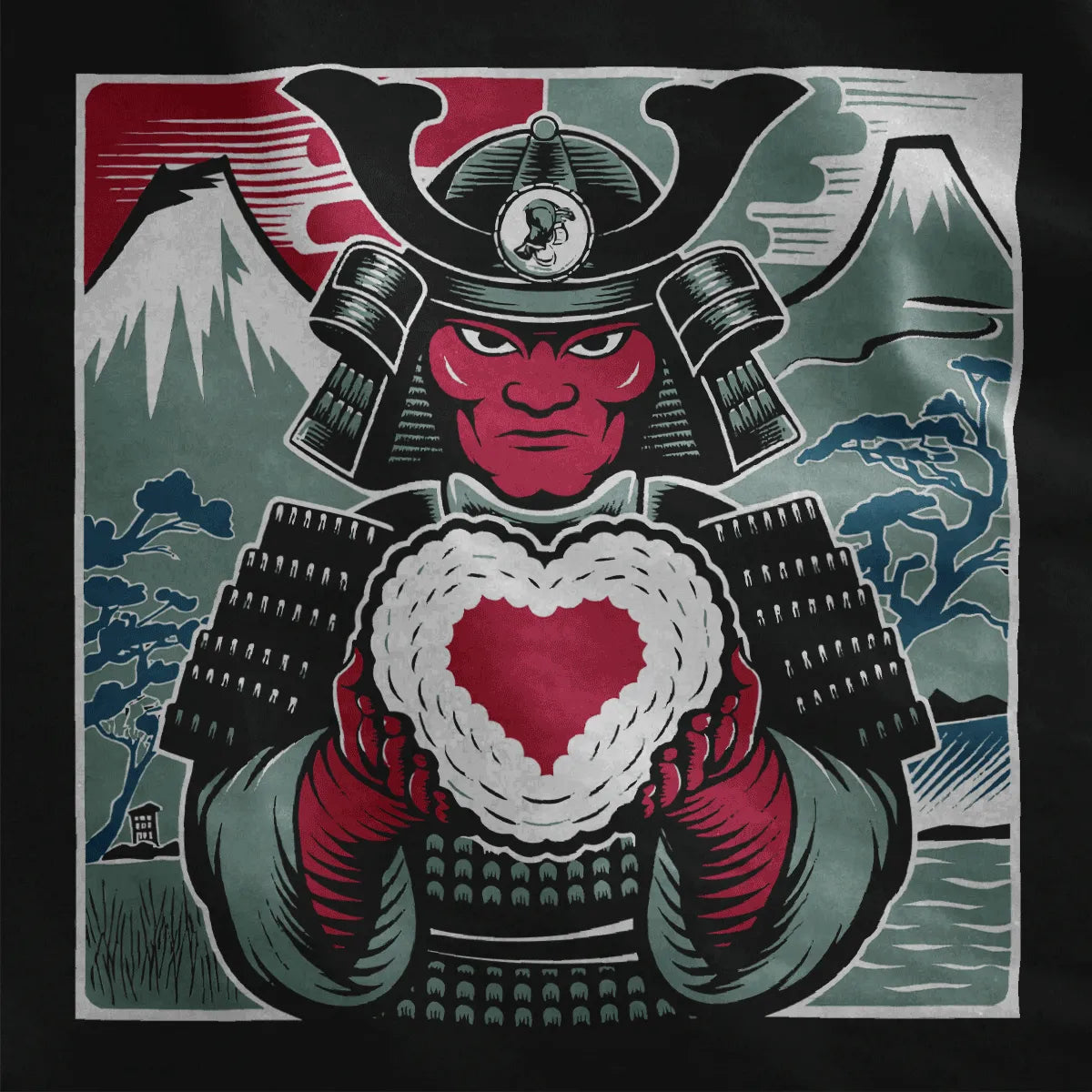 Samurai in armor with heart on black fabric, cultural symbols and sushi shirt.