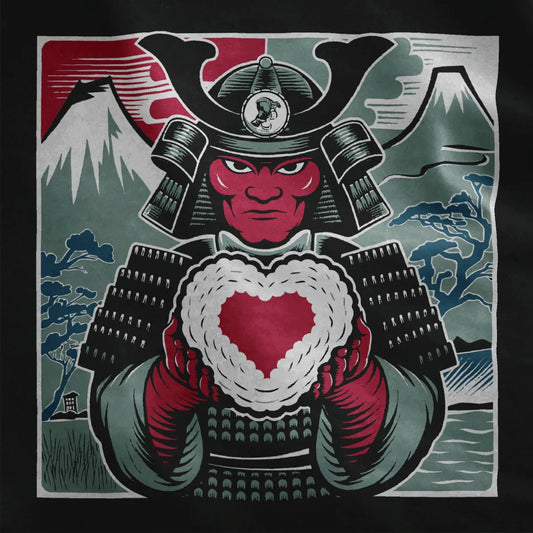 Samurai in armor with heart on black fabric, cultural symbols and sushi shirt.