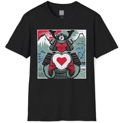 Black t-shirt flatlay with samurai, heart, and mount fuji, samurai fusion and sushi t-shirt.