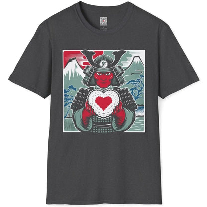 Dark heather t-shirt flatlay with samurai, mount fuji, and heart, traditional japanese art.