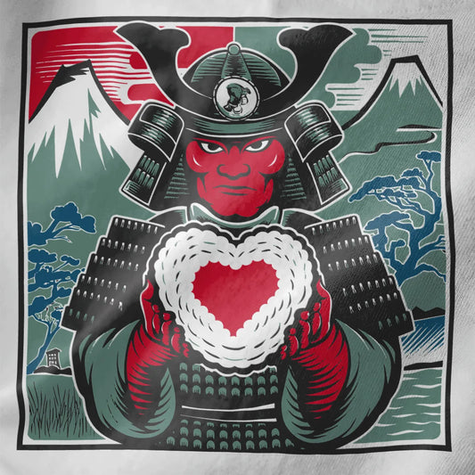 Samurai holding heart on white fabric, mount fuji art and traditional japanese art.