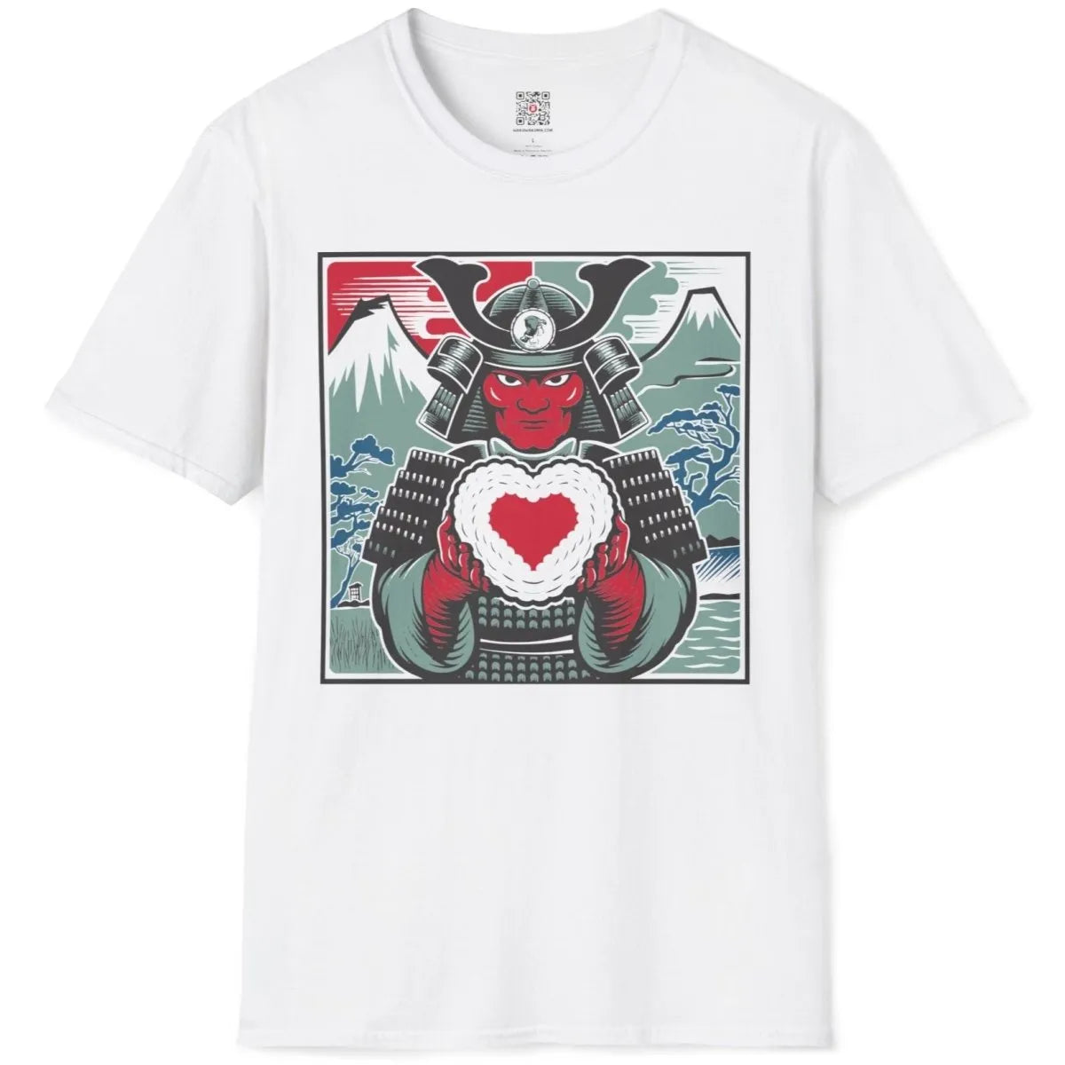 White t-shirt flatlay with samurai in armor, heart art and cultural symbolism.