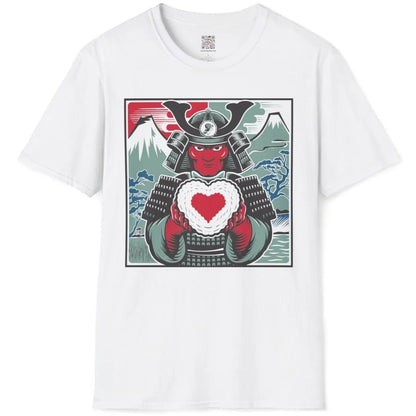 White t-shirt flatlay with samurai in armor, heart art and cultural symbolism.